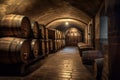 Wine cellar with a row of barrels. Generative AI