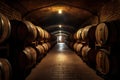 Wine cellar with a row of barrels. Generative AI