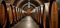 Wine cellar storage area. Many wooden barrels lined up in rows. Dark cellar. Long perspective view. Craft beverage production