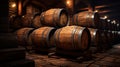 Wine cellar with vintage wooden barrels, old warehouse in underground of winery. Old oak casks with whiskey and rum in dark