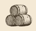 Wine cellar, winery. Wooden barrels with wine, sketch. Vintage vector illustration Royalty Free Stock Photo