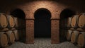 Wine Cellar with Wooden Barrels and Brick Arches Royalty Free Stock Photo