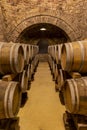 wine cellar with wooden barrels, Szekszard, Southern Transdanubia, Hungary Royalty Free Stock Photo