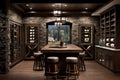 A wine cellar with wooden shelving, climate control, and a tasting area with chic bar stools.