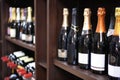 Wine and champagne bottles in liquor store Royalty Free Stock Photo