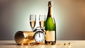 Wine Champagne and clock on table for Party Celebration with simple grey background. Copy Space Royalty Free Stock Photo