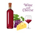 Wine and cheese. A bottle of red wine, a glass, a bunch of dark grapes and a piece of cheese Royalty Free Stock Photo