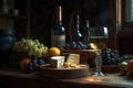 Wine, cheese and grapes in a vintage setup. Neural network AI generated