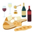 Wine and cheese hand drawn illustration set.