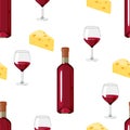 Wine and cheese seamless pattern. Vector illustration of a bottle of red wine, a glass and yellow cheese Royalty Free Stock Photo