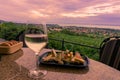 Wine, cheese table over the Lake Balaton on the hill Dinner, lunch, romantic date, picnic, eating on nature. Csopak wine Royalty Free Stock Photo