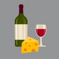 Wine bottle, glass and cheese. Flat style vector illustration. Royalty Free Stock Photo