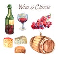Wine and cheese watercolor pictograms set