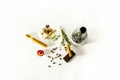 Wine, cigars, rosemary, mint, cinnamon, coffee grains and plum in a glass for wine