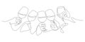 wine clinking celebratory toast concept hands holding and wine glasses in one line drawing