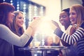 Wine, cocktail and women with club toast, smile or happy hour with bonding drinks. Friends, night and gen z crowd with