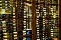 Wine collection. Beautiful bottles of expensive wines in the showcase of the restaurant and casino.