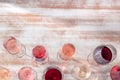 Wine color banner. Various glasses of white, rose, and red wine Royalty Free Stock Photo