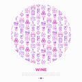 Wine concept in circle with thin line icons: corkscrew, wine glass, cork, grapes, barrel, list, decanter, cheese, vineyard, bucket Royalty Free Stock Photo