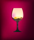 Wine concept, glass of wine looks like window to mountain area with bright sun, Royalty Free Stock Photo