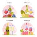 Wine concept set. Grape wine in a bottle and glass full of alcohol drink. Royalty Free Stock Photo