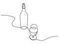 Wine continuous line vector illustration. one continuous drawn line of the bottle and a glass drawn from the hand a