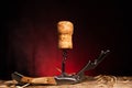 Wine cork on a corkscrew close-up. Space for text Royalty Free Stock Photo