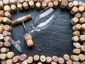 Wine corks arranged as frame on the graphite board Royalty Free Stock Photo