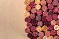 Wine corks background texture, a design template for a restaurant banner or tasting invitation, overhead shot Royalty Free Stock Photo