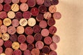 Wine corks background texture, a design template for a restaurant banner or tasting invitation, shot from the top Royalty Free Stock Photo