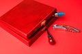 Wine corks and bottle openers set in a wooden box