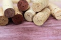 Wine corks close up, bang of the bottle on old vinous wood