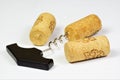 Wine corks and a corkscrew for uncorking.