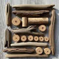 The wine corks display different imprints and are neatly aligned Royalty Free Stock Photo