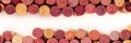 Wine corks panorama, a design template for a restaurant menu or tasting invitation, top shot with a place for text Royalty Free Stock Photo