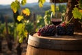 Wine country charm Red wine and aging barrel amidst green vineyards