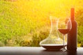 Wine decanter, bottle of wine and glass, decantation oxygenation of the drink against the backdrop of vineyards and countryside in