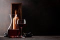 Wine decanter, bottle and glass of red wine Royalty Free Stock Photo