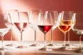 Different kind of natural wine in wine glasses on table opposite neutral pink wall