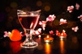 Wine drink in glass with light candle night and red heart shape on black dark with bokeh light. surprise couple lover romantic Royalty Free Stock Photo