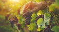 Wine farmer hands picking grapes from vineyard