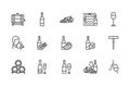 Wine flat line icon set. Vector illustration symbols about different types of wine for fish, meat and cheese. Grape