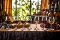 wine flight lined up on a rustic table among grapevines Royalty Free Stock Photo