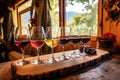 wine flight lined up on a rustic table among grapevines Royalty Free Stock Photo