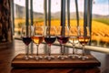 wine flight selection with vineyard landscape backdrop Royalty Free Stock Photo