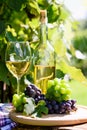 Wine and fresh grapes in a rustic vineyard Royalty Free Stock Photo