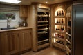 wine fridge door open, revealing storage compartments