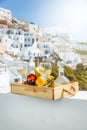 Wine and fruit for two on Santorini Royalty Free Stock Photo