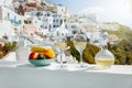 Wine and fruit for two on Santorini Royalty Free Stock Photo