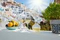 Wine and fruit for two on Santorini Royalty Free Stock Photo